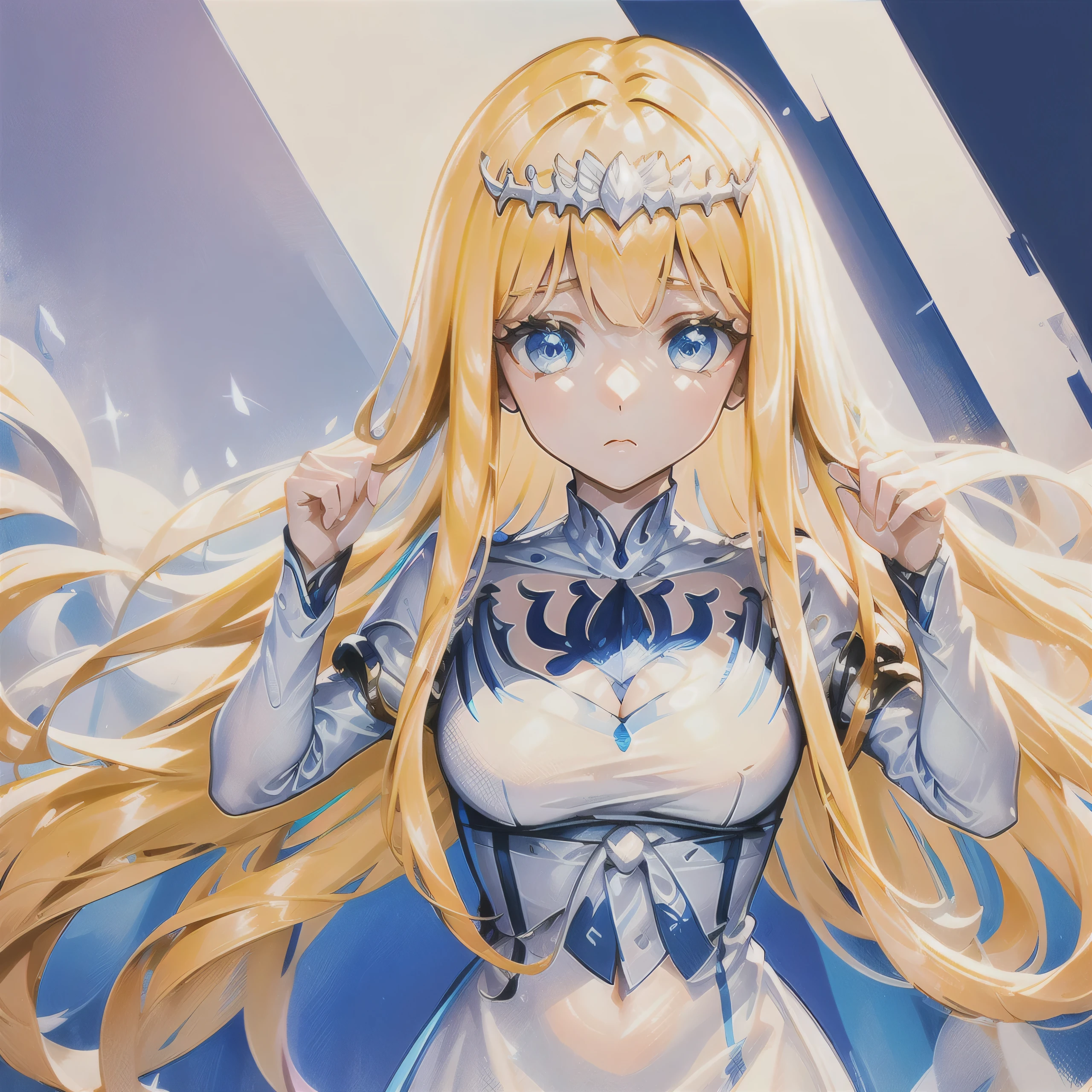 "Inside the holy palace, there is a radiant milf with flowing blonde hair. exuding an ethereal aura, 1girl, Calca, blonde hair, extremely long hair, white tiara, tiara on her head, white dress, blue eyes, medium breasts