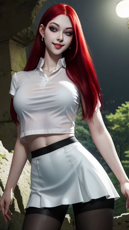 Ultra realistic, 16k, best quality, high resolution, erotic, 1 girl, 18 years old, long red hair, sexy eyes look, pale white skin, flushed cheeks, earrings, transparent shirt, sexy black latex skirt, big natural breasts, slender tall hot body, sexy smile, sensual posture, full-length sexy pantyhose, Battle ruins, wide hips, thick legs, torn clothes, blurred background, depth, dream aesthetic, dream atmosphere, cinematic lighting.