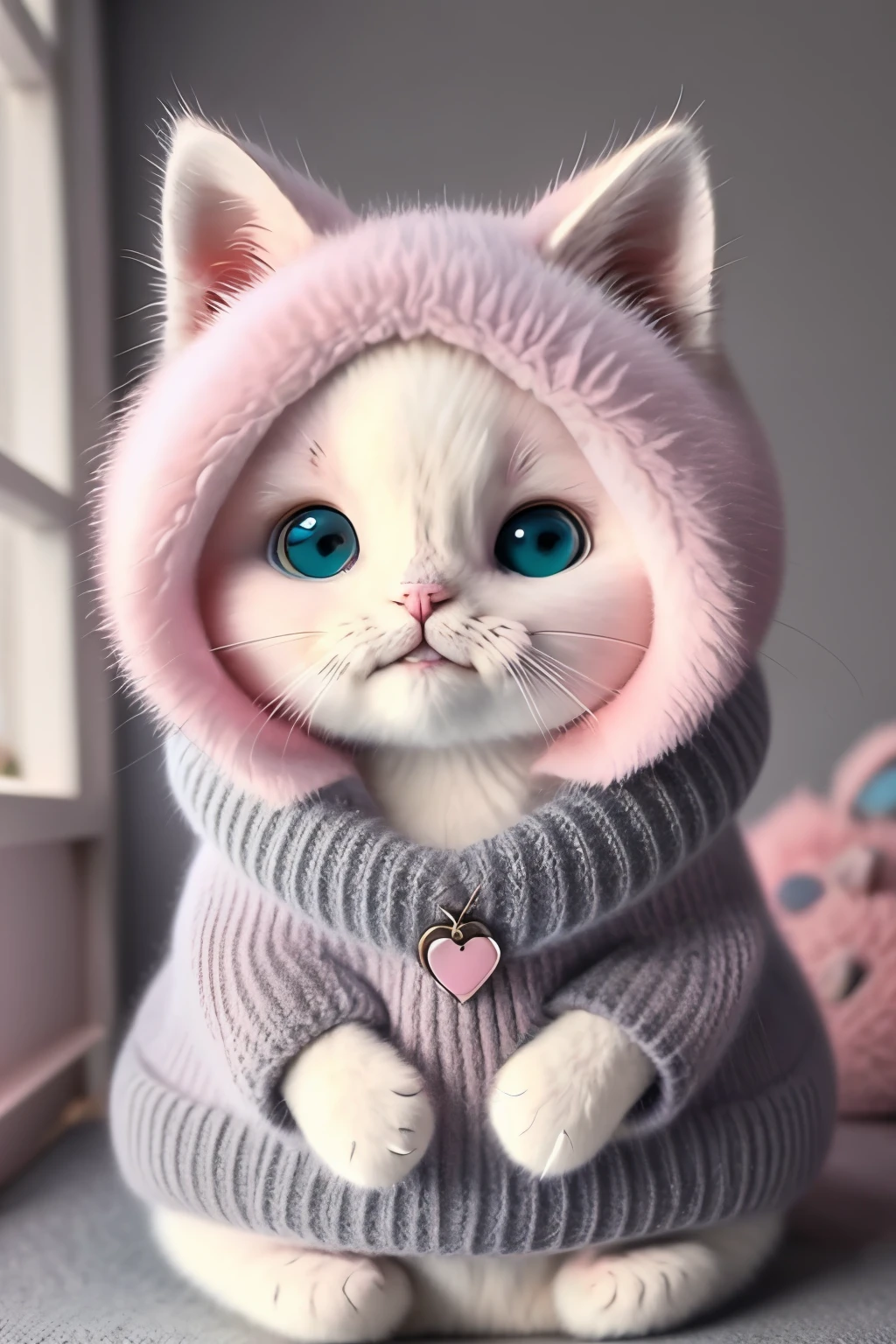 A 21-year-old brunette woman, ((cute)), (((cat))), sitting next to a fluffy, ((grey)), cat with blue eyes, ((front view)), selfie taken with her iPhone, wearing a ((pink)), sweater and ((jeans)), smiling and looking directly at the camera with a ((playful expression)), cat nuzzling her hand, high quality image, photographed in natural light, focused and clear, soft volumeric lighting, rich textures and details, ((kawaii)), ((kirakira)), ((shibuya-kei)), cat cafe style, SFW, cinematic and dramatic, ((highest quality:1.