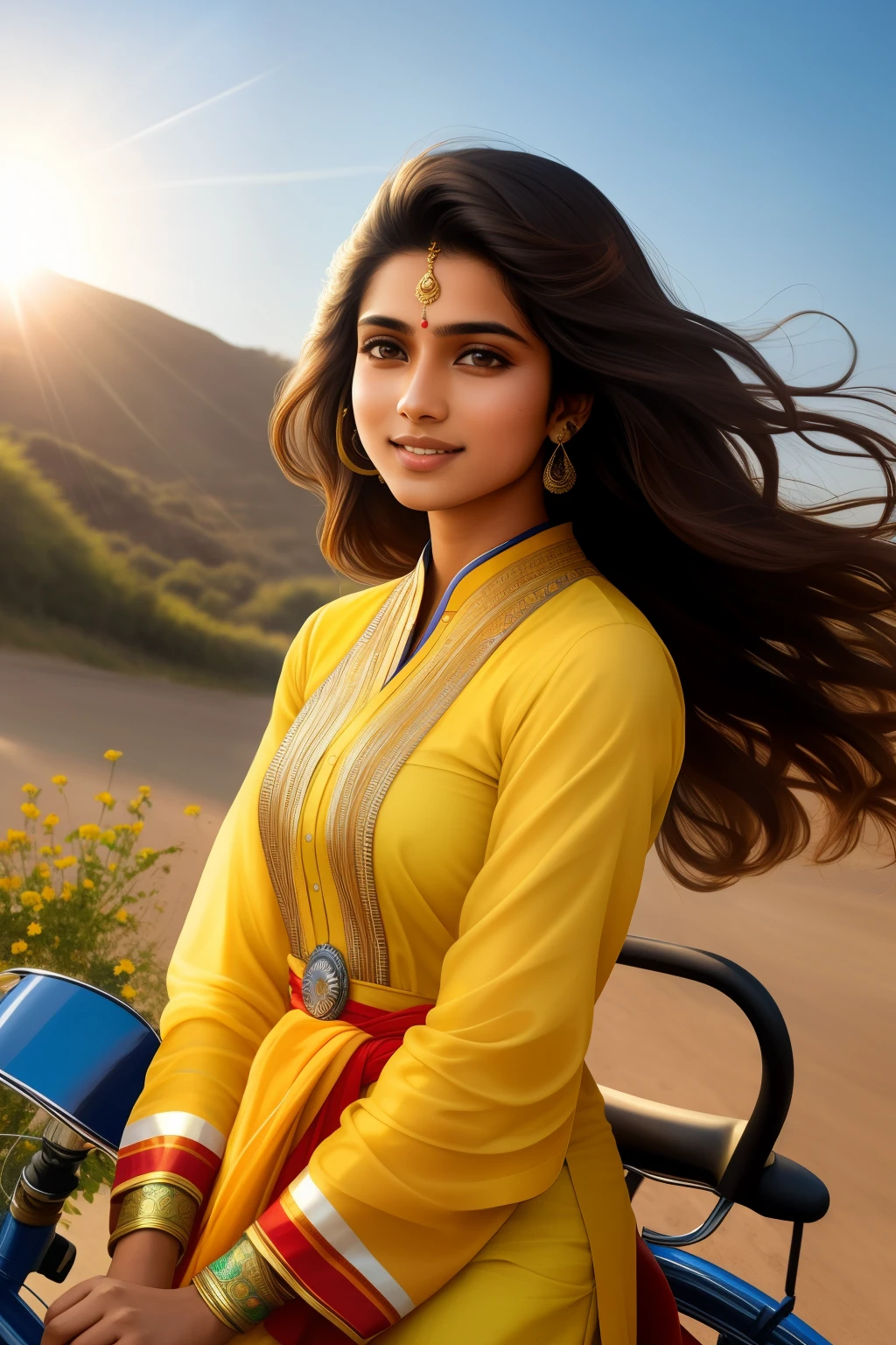 In the radiant sunlight, a 22-year-old Indian boy named Hero confidently rides his cycle, the wheels spinning effortlessly beneath him. The pant he wears is fitting and the kurta draped over it bears the name "Hero" in bold letters, adding to his charisma. His girlfriend, a captivating figure, beams with joy while seated behind him, her hands clutching the handlebars and her eyes filled with admiration. This Ultra HD realistic art image exquisitely captures the moment, the sunshine casting a golden glow around them, the slight wind playing with Hero's wavy hair, and the intricate patterns on the girl's traditional attire