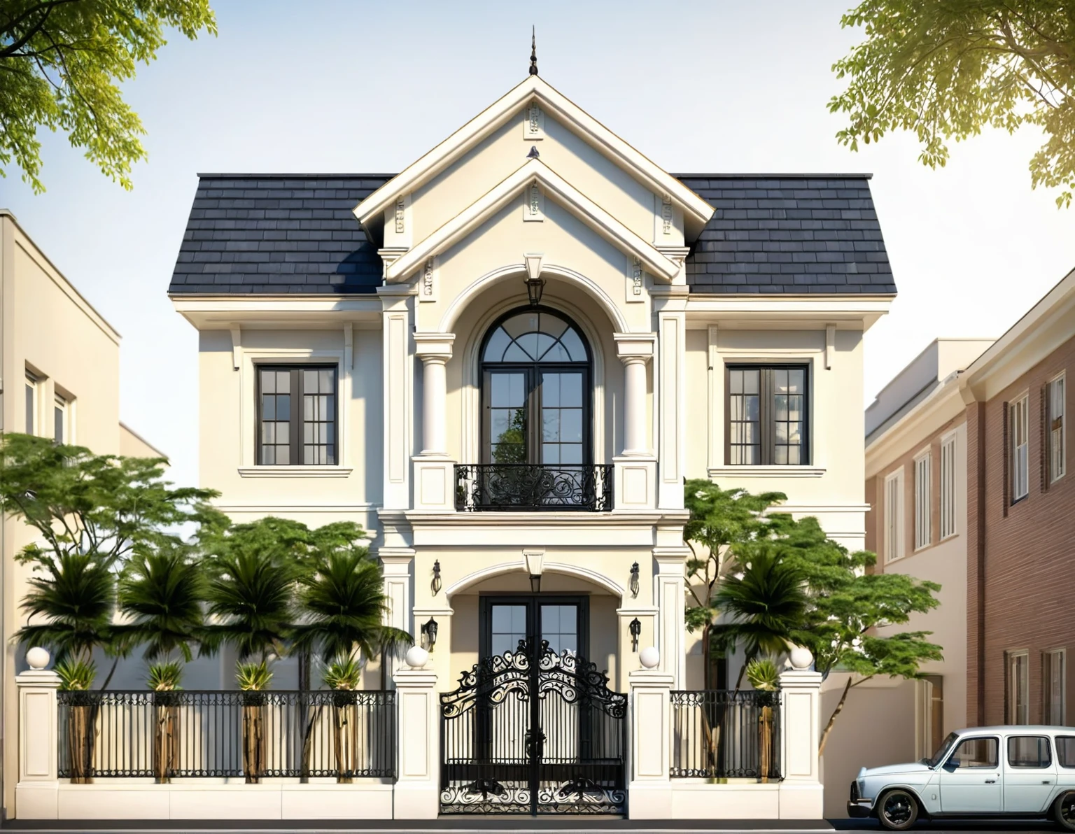 rendering of a townhouse with a roof and a balcony, gate, frontview, front elevation view, ((neo - classical style)) neoclassic, classic, Classic Style House ,street elevation, an architectural, front perspective, exterior design, residential, front elevation, overall architectural design, elevation view, front view dramatic, rendering, front-view, architectural, 2 d render, detailed renderings, sidewalk, sidewalk trees, plants and trees, cars, street, bustling city, residential neighborhood
Raw photo, ((realistic)) ,natural light, daylight, clear sky, sunny cinematic, film grain, 8k uhd, wide angle view, 50mm focal length, soft light, ((high detail:1.2)), Fujifilm XT3