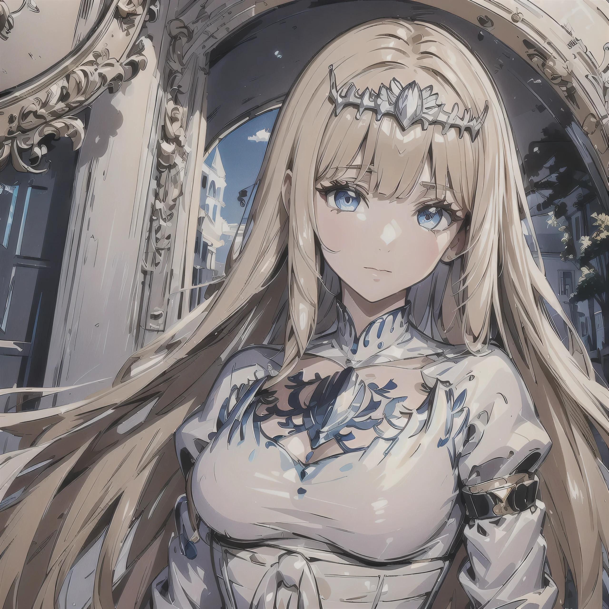Masterpiece, Best Quality, Official Art, Beautiful, Lively Textures, Unique Visuals, Spectacular Details, Very Detailed CG, Solidarity Cooperation, 8K Wallpapers, Extremely Beautiful Eyes, Best Quality, Details First, Super Delicate, High Quality, 1girl,solo, Calca, Calca Bessarez, blonde hair, extremely long hair, very long hair, white tiara, silver tiara, white dress, light blue eyes, medium chest