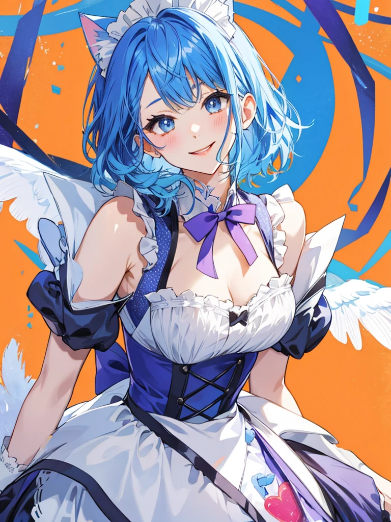 high school Blue Hair Cat ear Round-rimmed glasses cute beautiful girl もう少し薄いBlue Hair Gradation Big Eyes Well-formed face One girl Beautiful face well-formed body shape Beautiful breasts Just the right size breasts cool cute Adorable Childish vivid background Pop Background Warm background Orange Background Beautiful background smile blush healthy Sexy lips Looking up Watery eyes A seductive gaze, purple mesh in the hair The outfit is a maid outfit The maid outfit has a frilly ribbon and is red. Middle Short Straight Hair cute髪留め Yurucamp style