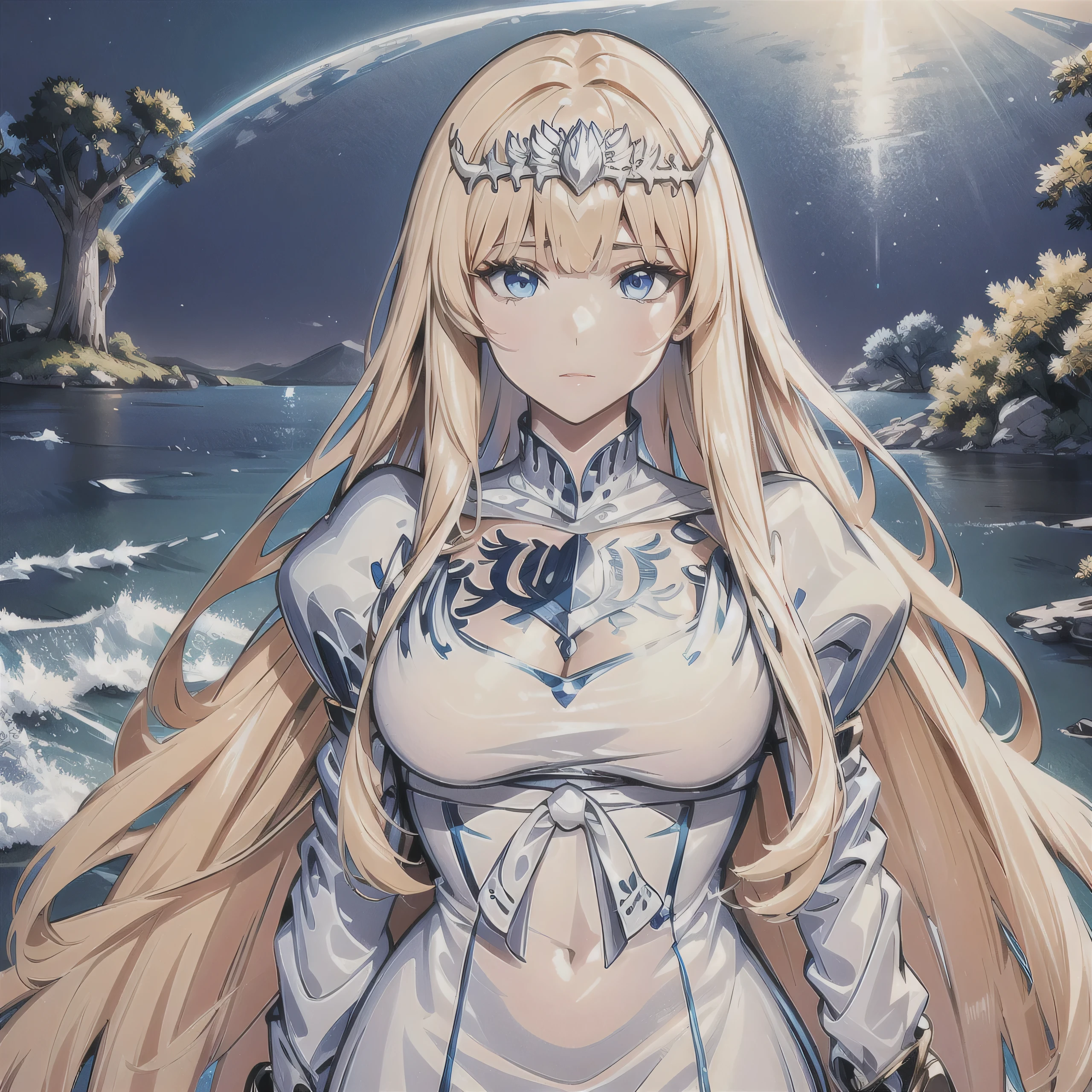 Masterpiece, Best Quality, Official Art, Beautiful, Lively Textures, Unique Visuals, Spectacular Details, Very Detailed CG, Solidarity Cooperation, 8K Wallpapers, Extremely Beautiful Eyes, Best Quality, Details First, Super Delicate, High Quality, 1girl,solo, Calca, Calca Bessarez, blonde hair, extremely long hair, very long hair, white tiara, silver tiara, white dress, light blue eyes, medium chest