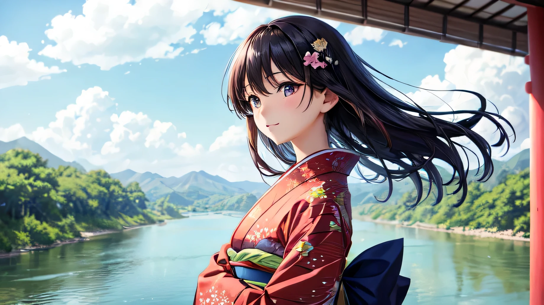 A beautiful woman in a Japanese kimono is looking at the scenery by the river。The wind is blowing。
for anime