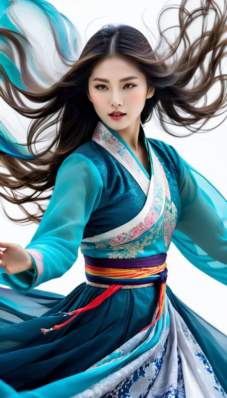 (Motion blur,：1.3），Abnormally stunning beautiful face，black and white close up, white background, a woman in an intricate and colorful hanbok dress, spinning frantically, translucent stinging air particles on the hem of the dress, professional fashion photography, super macro, unusually rich and super detailed texture of long wavy hair, poster style, minimalist , tilt shiStreet style, beautifully detailed, motion blur, black and white close-up, blue background, a woman in an intricate and colorful hanbok, spinning frantically, translucent tingling air particles on the hem of her dress, professional fashion photography, super macro, long wavy hair with unusually rich and super-detailed textures, poster style, minimalist, tilted movement of hands and face, Nikon, Hasselblad, Canon, Fuji, 16Kft of hands and face, Nikon, Hasselblad, Canon, Fuji, 16Kin style of Street photography, beautiful detailed

