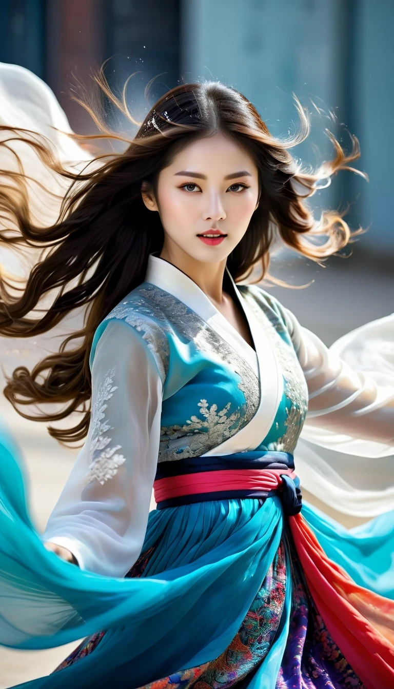 (Motion blur,：1.3），Abnormally stunning beautiful face，black and white close up, white background, a woman in an intricate and colorful hanbok dress, spinning frantically, translucent stinging air particles on the hem of the dress, professional fashion photography, super macro, unusually rich and super detailed texture of long wavy hair, poster style, minimalist , tilt shiStreet style, beautifully detailed, motion blur, black and white close-up, blue background, a woman in an intricate and colorful hanbok, spinning frantically, translucent tingling air particles on the hem of her dress, professional fashion photography, super macro, long wavy hair with unusually rich and super-detailed textures, poster style, minimalist, tilted movement of hands and face, Nikon, Hasselblad, Canon, Fuji, 16Kft of hands and face, Nikon, Hasselblad, Canon, Fuji, 16Kin style of Street photography, beautiful detailed
