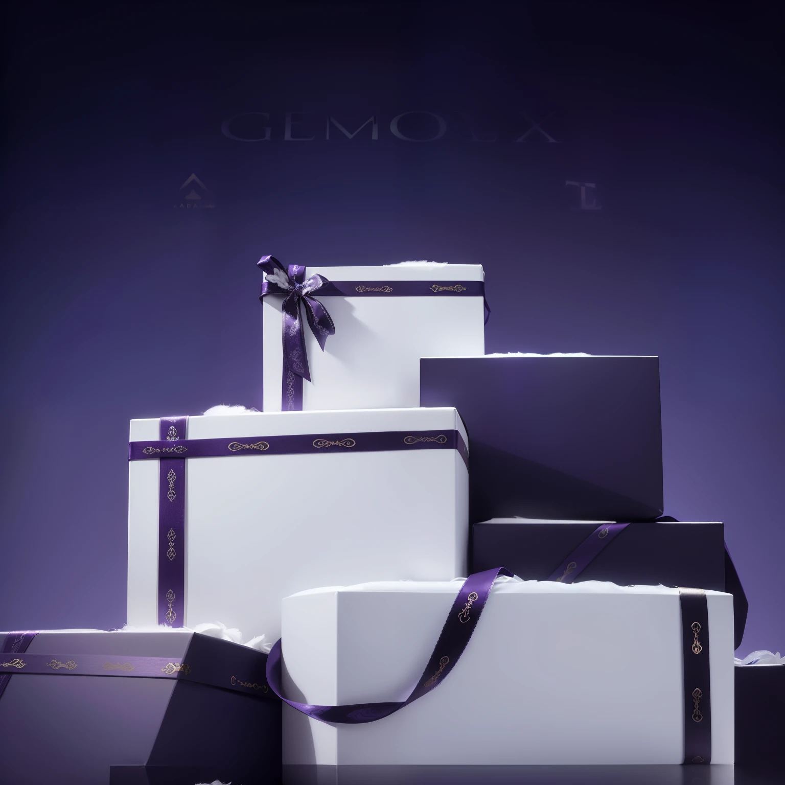 Close up of stack of white and purple boxes with ribbons on purple background, gifts, dramatic product lighting, luxury brand, luxury fashion, strong fantasy, purple ribbon, festive, dramatic product photography, grand, packshot, dramatic Product photography, clear details