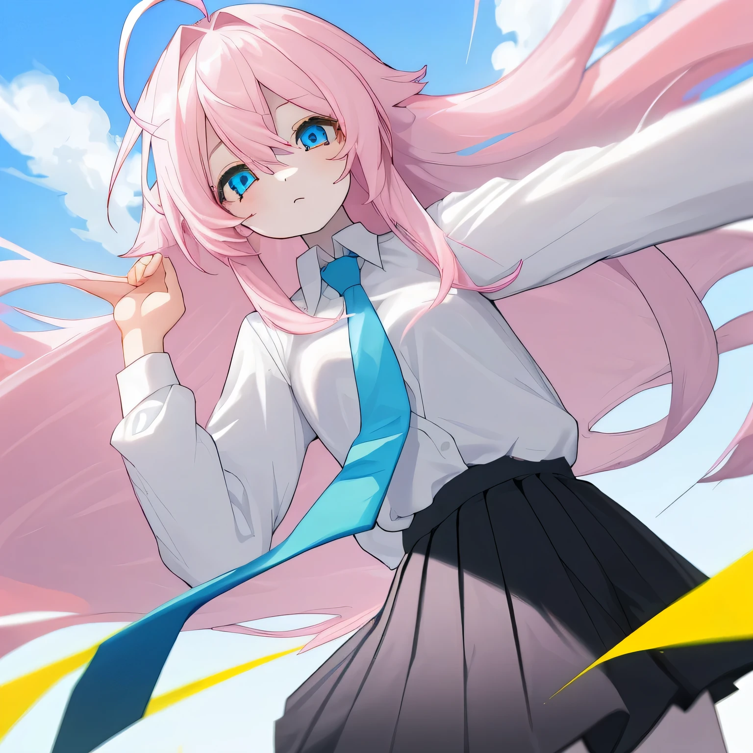 Girl,White blouse,Sky blue tie,Black Skirt,Long Hair,Straight Hair,Pale pink hair,Yellow and sky blue odd eyes,Big Ahoge
