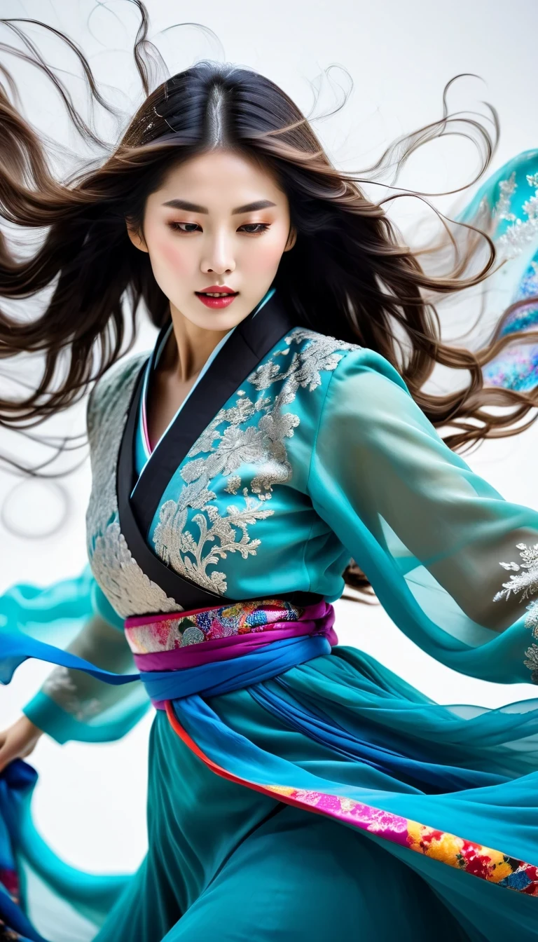 in style of Street photography, beautiful detailed，Abnormally stunning beautiful face，(((Motion blur))), black and white close up, white background, a woman in an intricate and colorful hanbok dress, spinning frantically, translucent stinging air particles on the hem of the dress, professional fashion photography, super macro, unusually rich and super detailed texture of long wavy hair, poster style, minimalist , tilt shiStreet style, beautifully detailed, motion blur, black and white close-up, blue background, a woman in an intricate and colorful hanbok, spinning frantically, translucent tingling air particles on the hem of her dress, professional fashion photography, super macro, long wavy hair with unusually rich and super-detailed textures, poster style, minimalist, tilted movement of hands and face, Nikon, Hasselblad, Canon, Fuji, 16Kft of hands and face, Nikon, Hasselblad, Canon, Fuji, 16K
