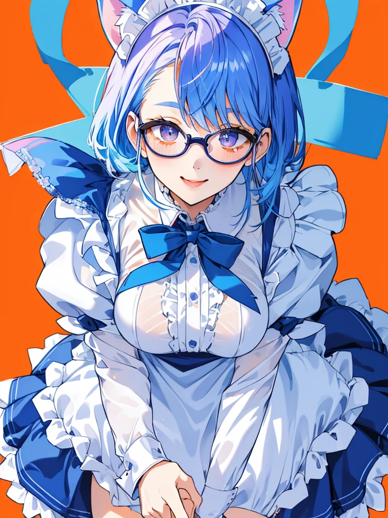 high 　Blue Hair　Cat ear　Round-rimmed glasses　glasses girls　cute　beautiful girl　もう少し薄いBlue Hair　Gradation　Big Eyes　Well-formed face　One girl　Beautiful face　well-formed body shape　Beautiful breasts　Just the right size breasts　cool　cute　Adorable　Childish　vivid background　Pop Background　Warm background　Orange Background　Beautiful background　smile　blush　healthy　Sexy lips　Looking up　Watery eyes　A seductive gaze, purple mesh in the hair　The outfit is a maid outfit　　The maid outfit has a frilly ribbon and is red.　Middle Short　Straight Hair　cute髪留め　　Yurucamp style　