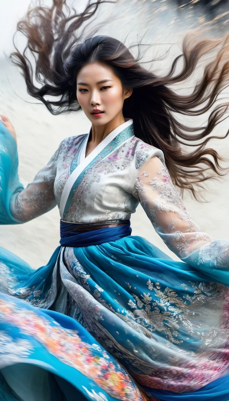 in style of Street photography, beautiful detailed,Abnormally stunning beautiful face,Motion blur, black and white close up, white background, a woman in an intricate and colorful hanbok dress, spinning frantically, translucent stinging air particles on the hem of the dress, professional fashion photography, super macro, unusually rich and super detailed texture of long wavy hair, poster style, minimalist , tilt shiStreet style, beautifully detailed, motion blur, black and white close-up, blue background, a woman in an intricate and colorful hanbok, spinning frantically, translucent tingling air particles on the hem of her dress, professional fashion photography, super macro, long wavy hair with unusually rich and super-detailed textures, poster style, minimalist, tilted movement of hands and face, Nikon, Hasselblad, Canon, Fuji, 16Kft of hands and face, Nikon, Hasselblad, Canon, Fuji, 16K