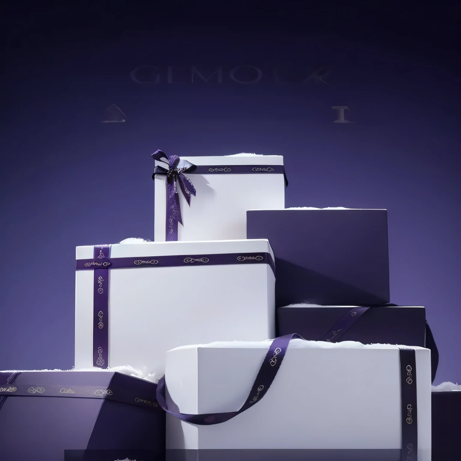 Close up of stack of white and purple boxes with ribbons on purple background, gifts, dramatic product lighting, luxury brand, luxury fashion, strong fantasy, purple ribbon, festive, dramatic product photography, grand, packshot, dramatic Product photography, clear details
