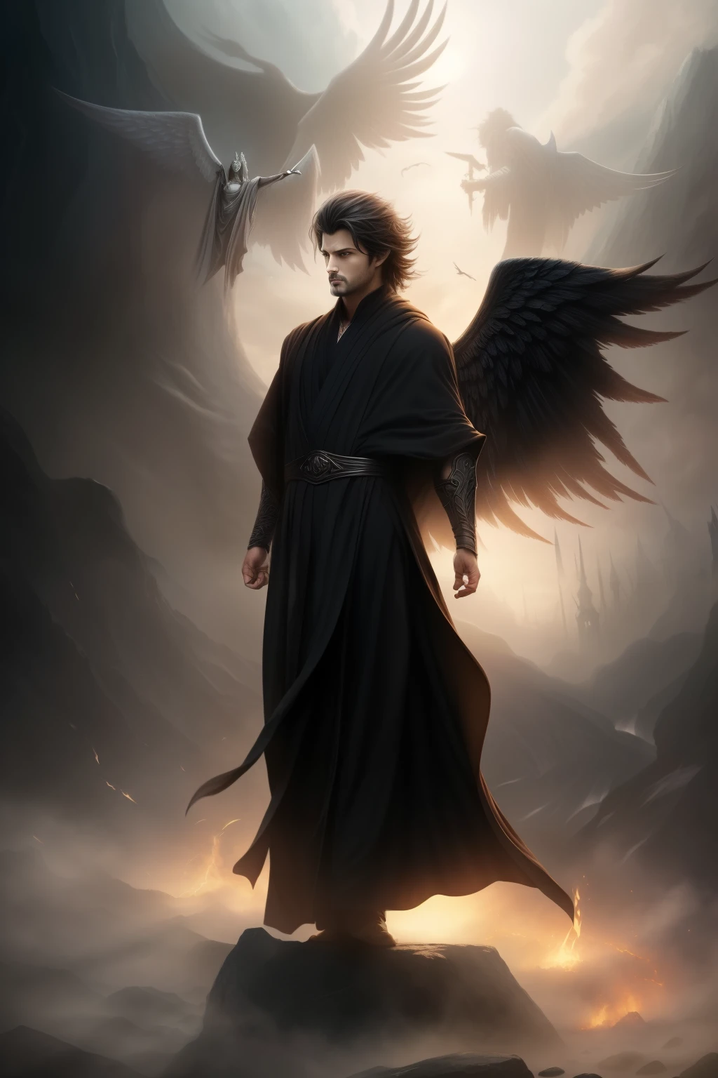 The image of Alafud is of a man wearing a black robe.、Man with wings, author:Yang Jie, angel with black wings, Dark Wings, Young fair angel, Dark fantasy art, Beautiful Shinigami, angel of death, Dark Angel, A noble elf man in a black robe, Majestic Angel, Dark flowing robe, dark fantasy character design