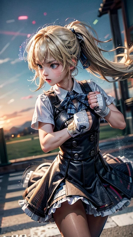 #quality(8k wallpaper of extremely detailed CG unit, ​masterpiece, hight resolution, top-quality, top-quality real texture skin,hyper realisitic, digitial painting,increase the resolution,RAW photosbest qualtiy,highly detailed,the wallpaper),solo,a jk girl is punching you by her bare fist very hard,#1girl(cute, kawaii,small ???,hair floating,messy hair,blonde hair,long hair,messy hair,pony tail hair,skin color white,eye color blue,eyes shining,big eyes,breast,angry,punching you by her fist,dynamic pose,dynamic angle), BREAK ,#fist(motion blur on fist:2.0),#background(school,),(when drawing the hand please draw them very correctly for sure),[nsfw]