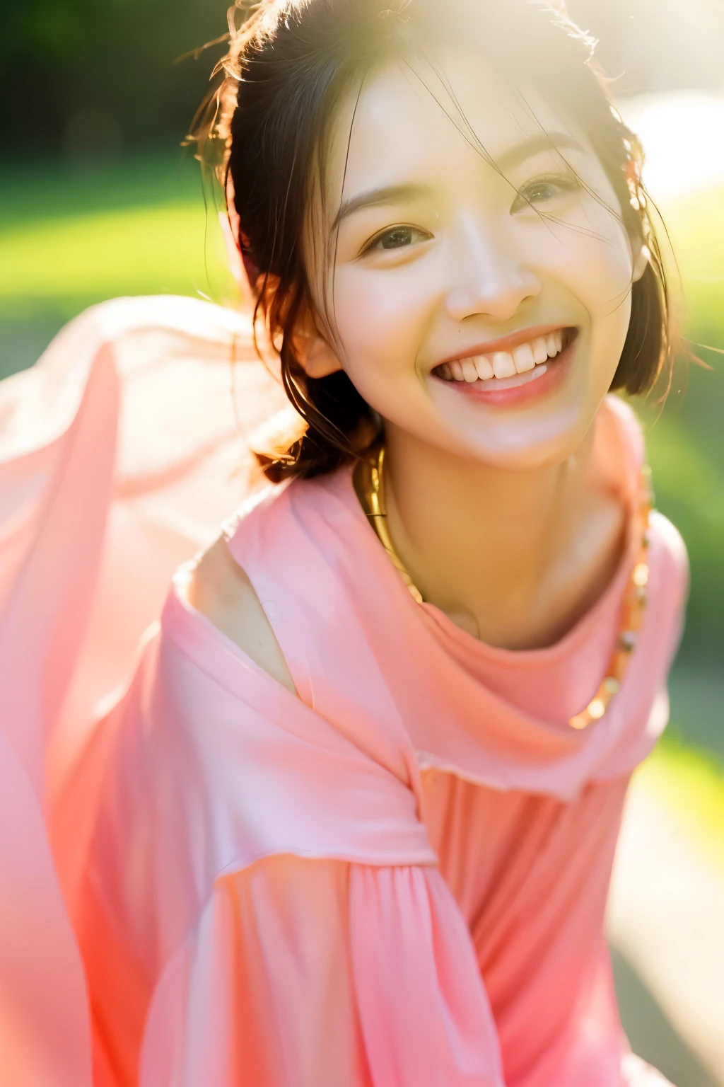 There is a woman sitting on a very pale pink mat and smiling., Gemma beautiful girl, Gemma girl portrait, She is smiling and happy, She is smiling, She's smiling, Gemma, She expressed her joy, Song Hye-kyo, Smiling Kindly, Cute smile, She is smiling and excited, Chiho, A slightly cute smile, nodded, Cute Smile、Intricate Necklace、Intricate earrings、Elegant smile、Backlit light,The light hits the hair and makes it shine,In the park、large park、Central Park