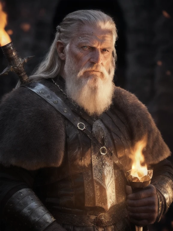 (best quality:1.3), movie shot, masterpiece, (Sharp focus:1.5), (Reality:1.3), medium portrait (An old viking warrior looking tired but still proud and fierce, Now the leader of his village, Wearing exquisite chain and leather armor, There are several torches burning on the wall, Give the scene a dark atmosphere,but shape with sharp contrasts of light and dark), now it is night, (Very delicate skin), (Delicate face), Detailed background, dark lights, Dusk lighting, Volumetric Lighting, Intricate details, Ultra HD,