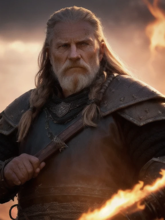 (best quality:1.3), movie shot, masterpiece, (Sharp focus:1.5), (Reality:1.3),  medium portrait (An old viking warrior looking tired but still proud and , Now the leader of his village, Wearing exquisite chain and leather armor, There are several torches burning on the wall, Give the scene a dark atmosphere，but shape with sharp contrasts of light and dark), now it is night, (Very delicate skin),  (Delicate face), Detailed background, dark lights, Dusk lighting, Volumetric Lighting,  Intricate details, Ultra HD,  