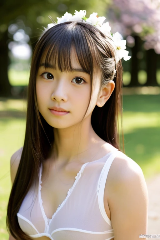 highest quality, High resolution, Realistic photo, Detailed skin texture, ((Cute  Japanese girl wearing a see-through short white camisole)), View your viewers, Slim figure, Attractive gaze, Fair skin, (Flat Chest:1.5), Straight long hair, (loli:1.2), In the park with cherry blossoms falling