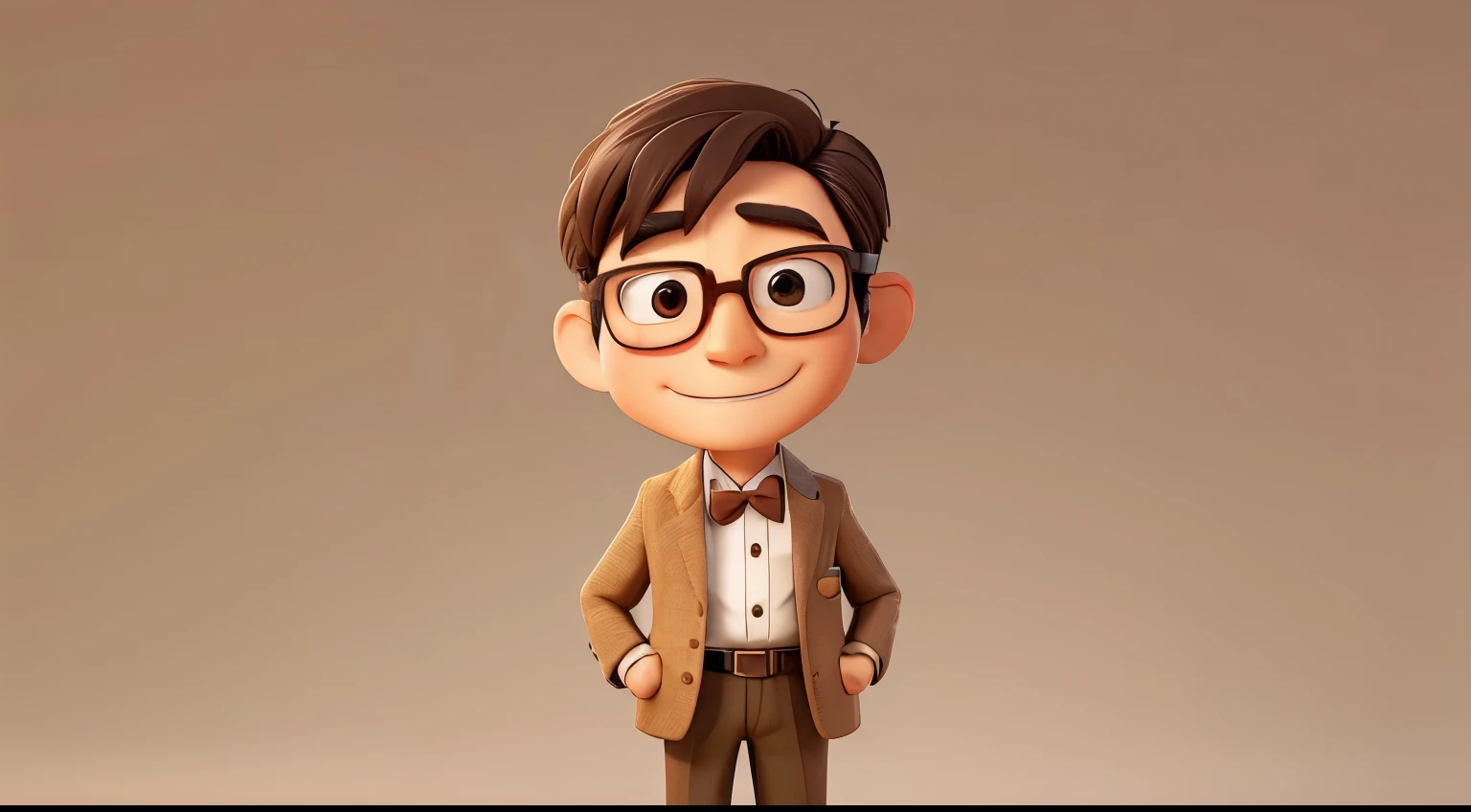 A neat and tidy Japanese man in his 50s, super realistic, Small, Cute, round eyes、Smooth Skin, round face, Wearing scholar-style glasses, The body is facing straight ahead towards the camera., looking at viewer, smile, Wearing a brown tweed blazer, White shirt with bow tie, The background is a clean and bright office