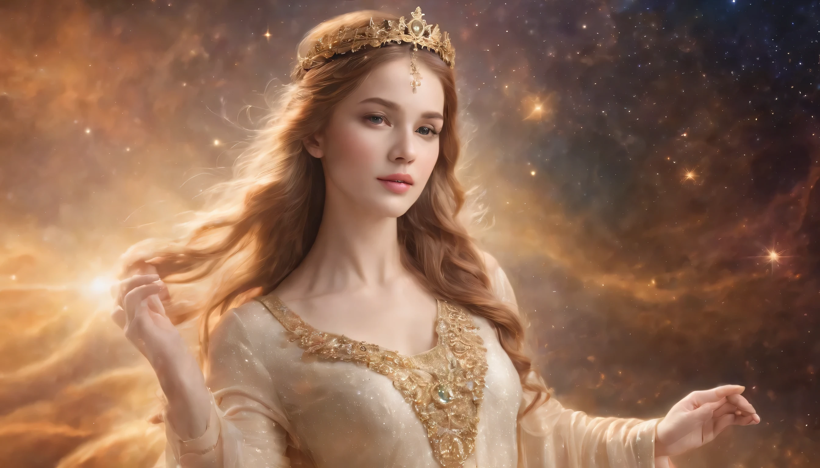 (best quality,Maximum resolution,masterpiece:1.2),Super detailed,(Practical,Reality,Reality:1.37)(Goddess of Cosmic Love:1.1,fair:1.1,Star:1.1),Holy Goddess,heavenly beauty,Supernatural existence,Spectacular cosmic entity,Majestic Heavenly Being,Dazzling Halo,Ethereal Radiance,Otherworldly elegance,(Light:1.1),(Immortal God:1.2),Heavenly Grace,Mysterious costumes,Calm expression,Long flowing golden hair,(sparkling eyes:1.1),(ethereal beauty:1.1),Magnificent Heaven,Divine love and mercy,Colorful nebulae dance in the background,Glowing particles of stardust float around her,As her divine power continued to expand,Galaxies revolve around her,Infinite space stretches beyond the horizon,Hints of magic(A flash of magic:1.1),Cosmic rays bathe the scene in starlight,(Vibrant colors:1.1),(Space Color:1.1),A soothing color palette,evoking a feeling of peace and tranquility,The majestic and sacred existence that fills the entire universe,magical atmosphere,(Exquisite details:1.1),Fine brushstrokes create intricate patterns,(ethereal brushstrokes:1.1),(Dreamy brushstrokes:1.1),Her celestial features are presented in great detail,Subtle gradients give depth to images,Carefully crafted textures bring her to life,Impeccable depiction of reality,(Impressive definition:1.1),(Amazing Reality:1.1),Meticulous attention to detail,Every hair is clearly visible,(Impeccable photorealism:1.1),(Super detailed illustrations:1.1),(art masterpiece:1.1),Perfect composition,Light and shadow balance,The soft yet vibrant lighting highlights her divine beauty,Her celestial body emits a magical light,Subtle highlights and shadows add depth and dimension,(Sublime Glory:1.1),(Ethereal Lights:1.1),(shining:1.1),(illumination:1.1),(The most beautiful and long white legs in the world are exposed 1.1),(The most beautiful super white big breasts in the world are exposed 1.1)