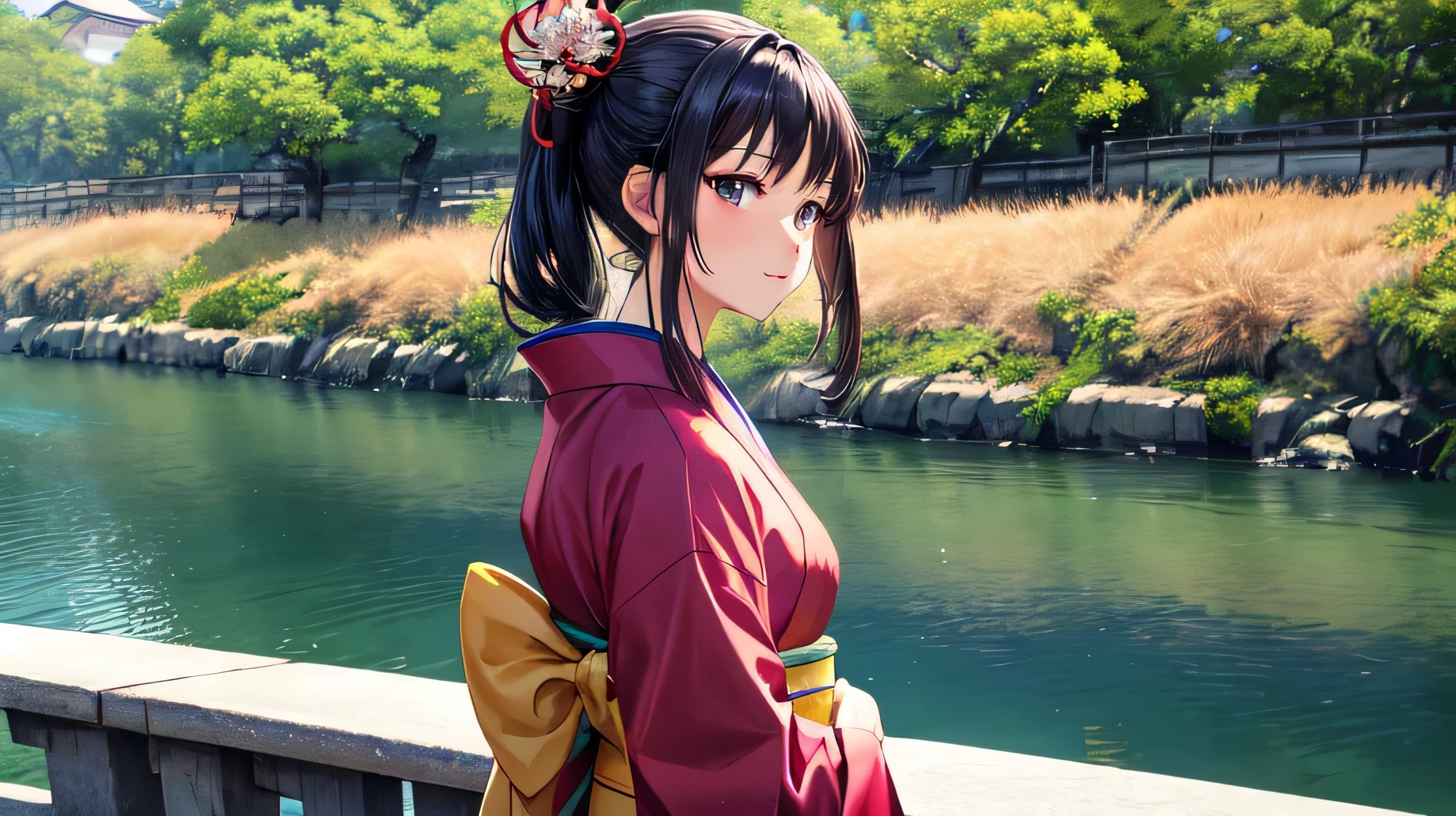 A beautiful woman in a Japanese kimono is looking at the scenery by the river。The wind is blowing。
for anime