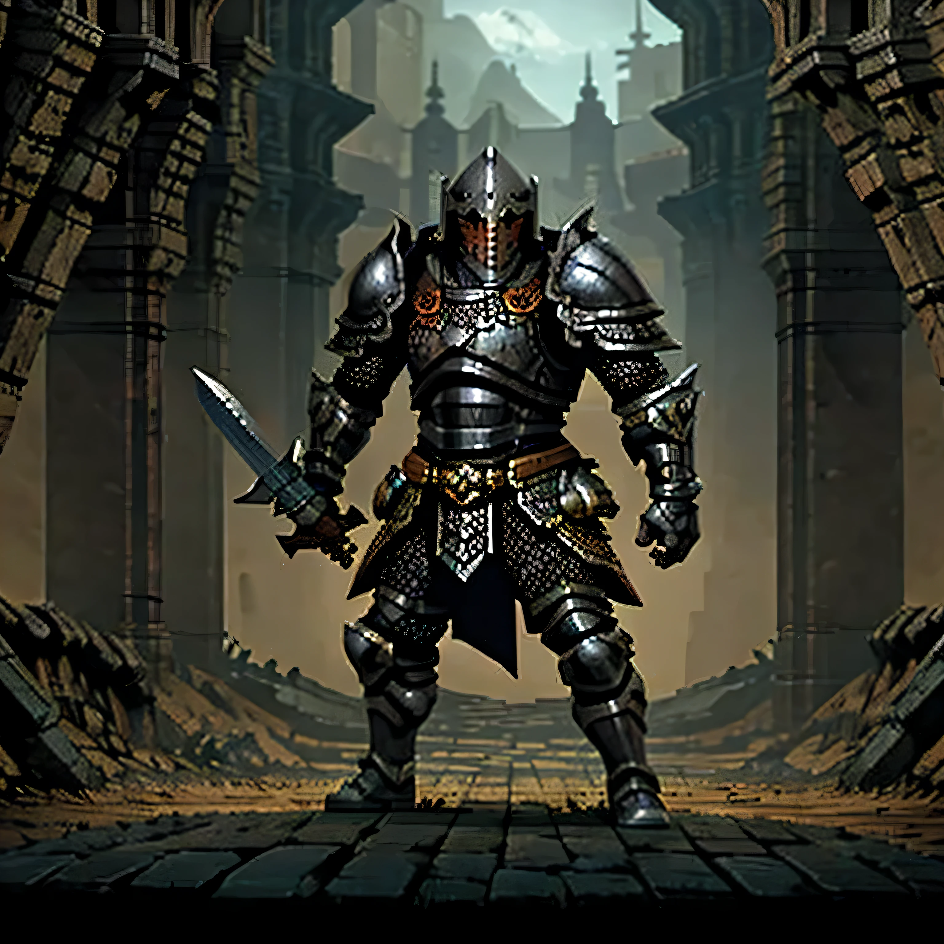 One man, MMORPG, Armored Knight, Fighting demons, Dark dungeon, menacing, big sword, 4K, Realism