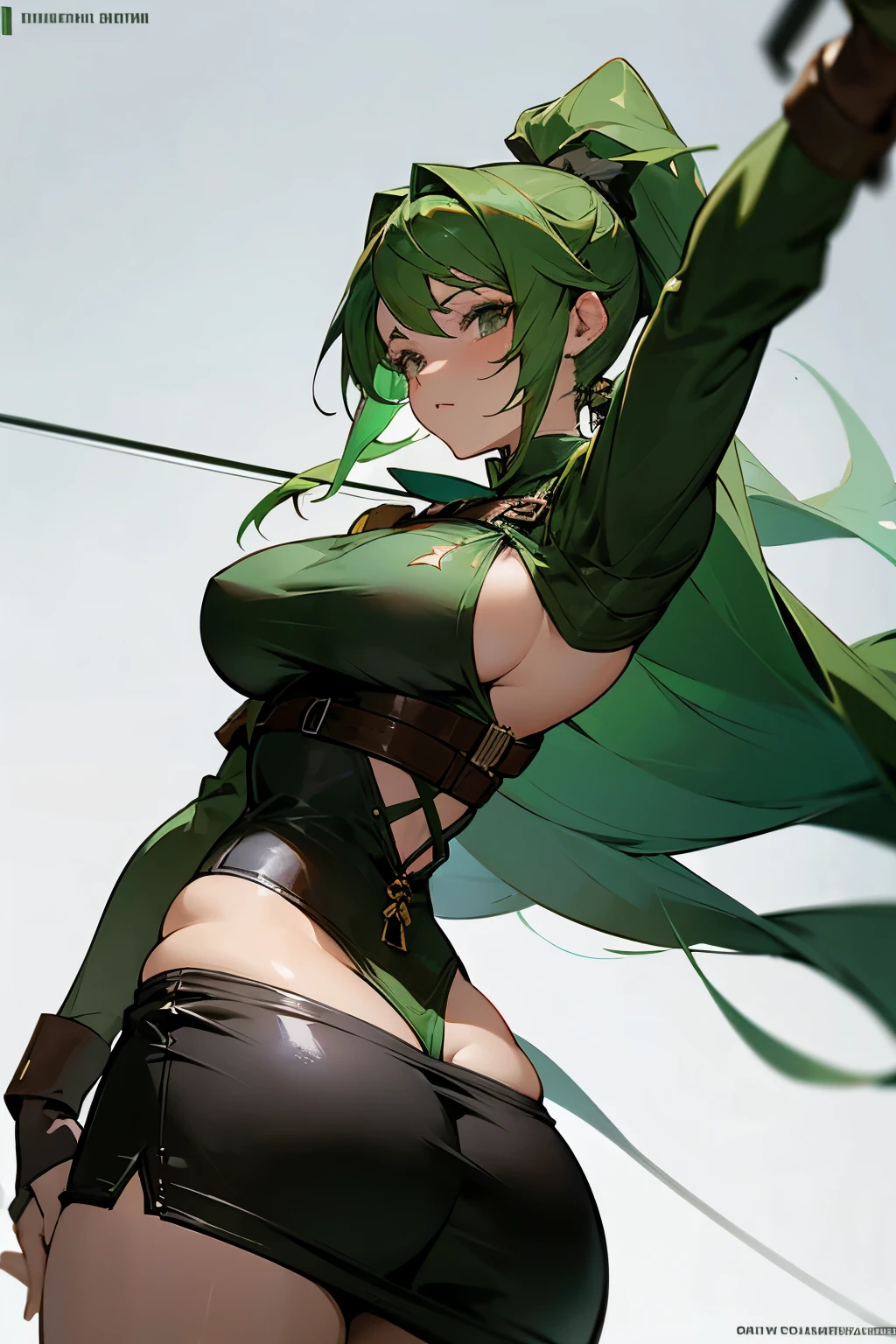 {anime girl} with green hair in a ponytail, she has gray eyes, she has a curvy body with big breast and a big butt, she is wearing a very {fantasy archer outfit}, the outfit is made out of leather with green accents, she is wearing a skirt, she has wind powers