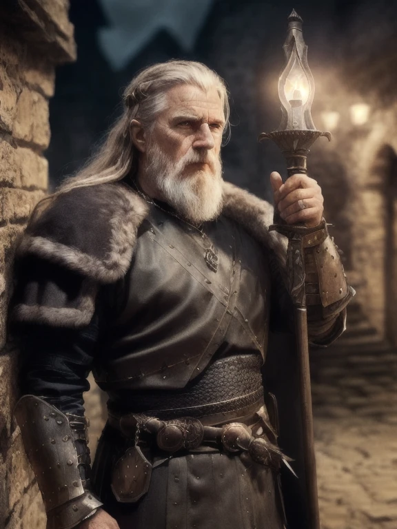 (best quality:1.3), movie shot, masterpiece, (Sharp focus:1.5), (Reality:1.3),  Full body portrait (An old viking warrior looking tired but still proud and fierce, Now the leader of his village, Wearing exquisite chain and leather armor, There are several torches burning on the wall, Give the scene a dark atmosphere，but shape with sharp contrasts of light and dark), now it is night, (Very delicate skin),  (Delicate face), Medieval Town，Background Detailed Background, dark lights, Dusk lighting, Volumetric Lighting,  Intricate details, Ultra HD,  