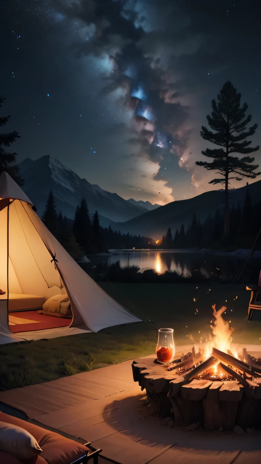 vast landscape photos,(Looking from the bottom up,above is the sky,There is an empty lawn below.),Triangular tent,A young couple looking up at the Starry Sky,Starry Sky,(full moon:1.2),(meteor:0.9),(nebula:1.3),Triangular tent,Hillside camping tents, bonfire, Candlelight,White Rose,Other details,Distant Mountains, Art made from broken trees,(Warm light source:1.2),(firefly:1.2),Deng Deng,Lots of purple and orange,Intricate details,Volumetric Lighting,RealismBREAK,Natural elements in camping theme。Mysterious mountain view,summer,early summerefly,Beautiful summer night sky,Green lawn,barbecue,fire,bonfire,Great Outdoors,Surrounded by White Rose,Fireflies surround delicate leaves and branches(Natural Elements),("camping" theme),(firefly),(Particle Effects)and other 3D, Octane Rendering,Ray Tracing,Super detailed