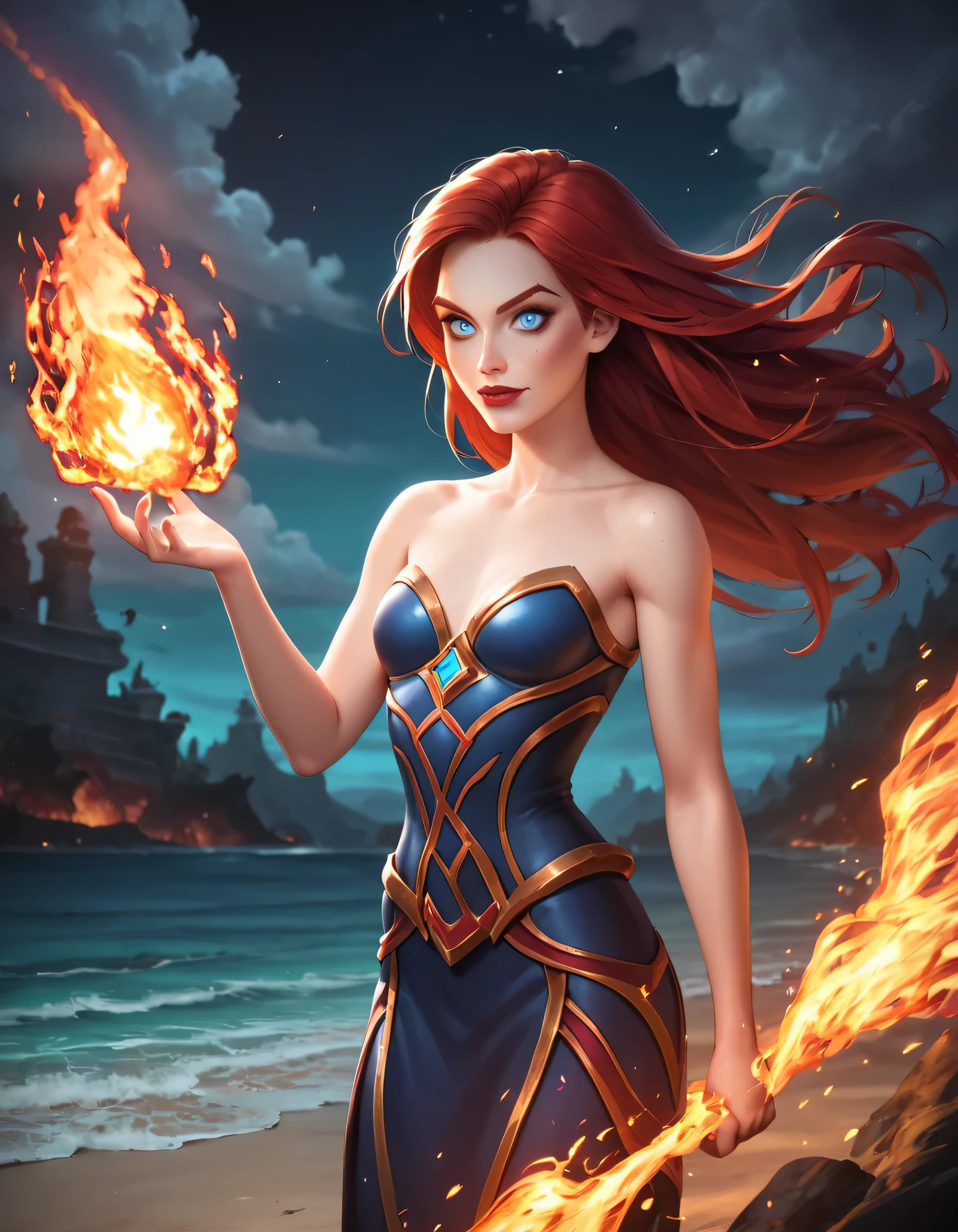 score_9, score_8_up, score_7_up, ral-lava, fire mage, ariel, burning hair, long hair, burning robes, slim, small waist, ocean, bright blue eyes, sorceress, small breasts, night, black sky, dark clouds, black sky, rating_safe, details, complex scene, extremely detailed, disney, world of warcraft, magic, fire magic, casting magic,