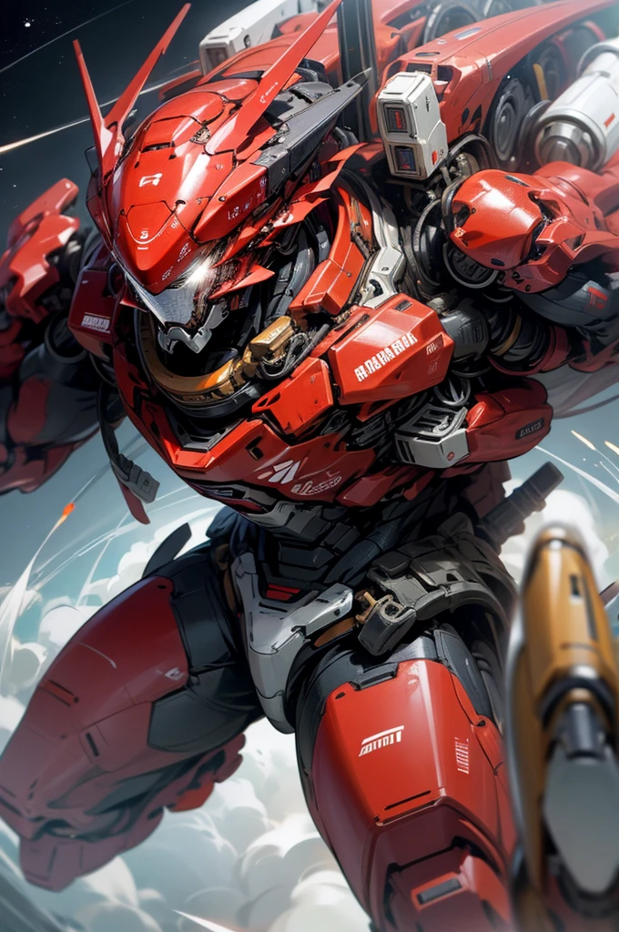 best quality, 8k, high resolution, red giant humanoid robot flying in space, mecha, sharp focus