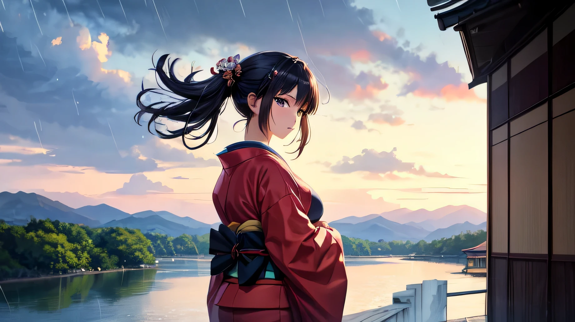 A beautiful woman in a Japanese kimono is looking at the scenery by the river。The wind is blowing。it's raining。
for anime