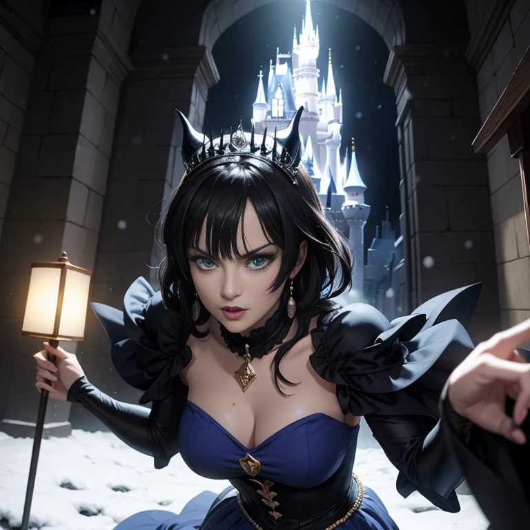 anime artwork of sharp detailed cinematic film look of Fubuki as an Evil Queen, Fubukidressed as evil queen staring at camera in a dark room in a castle 1500s 15th century, anime style, key visual, vibrant, studio anime, highly detailed, Disney's Wicked Queen from Snow White. 