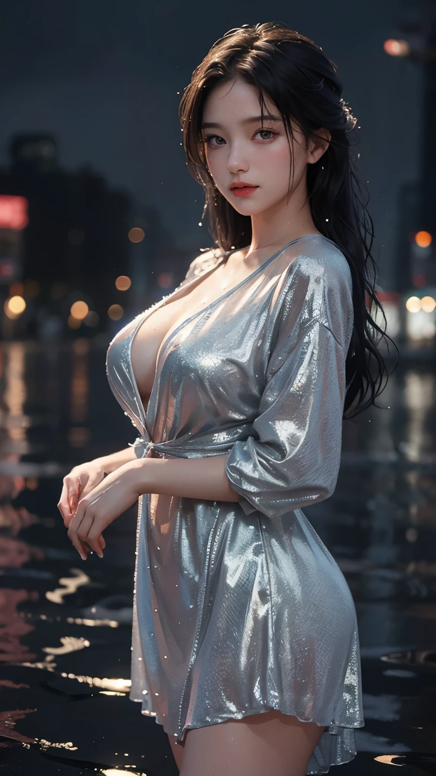 1 Girl, 18 years old,
(Masterpiece: 1.2), (8K, Original Photo, Best Quality: 1.2),
(Practical, Photo-realistic: 1.37),
Lovely, Night, Rain, Wet,
Professional Lighting, Photic Mapping, Radiosity, Physically Based Rendering, Super Resolution,
(Large Breasts: 1.2)

The 18-year-old girl stood in the rain, her mix-colored dress clinging to her body as the water droplets beaded on her skin. The night sky was a canvas of stars,