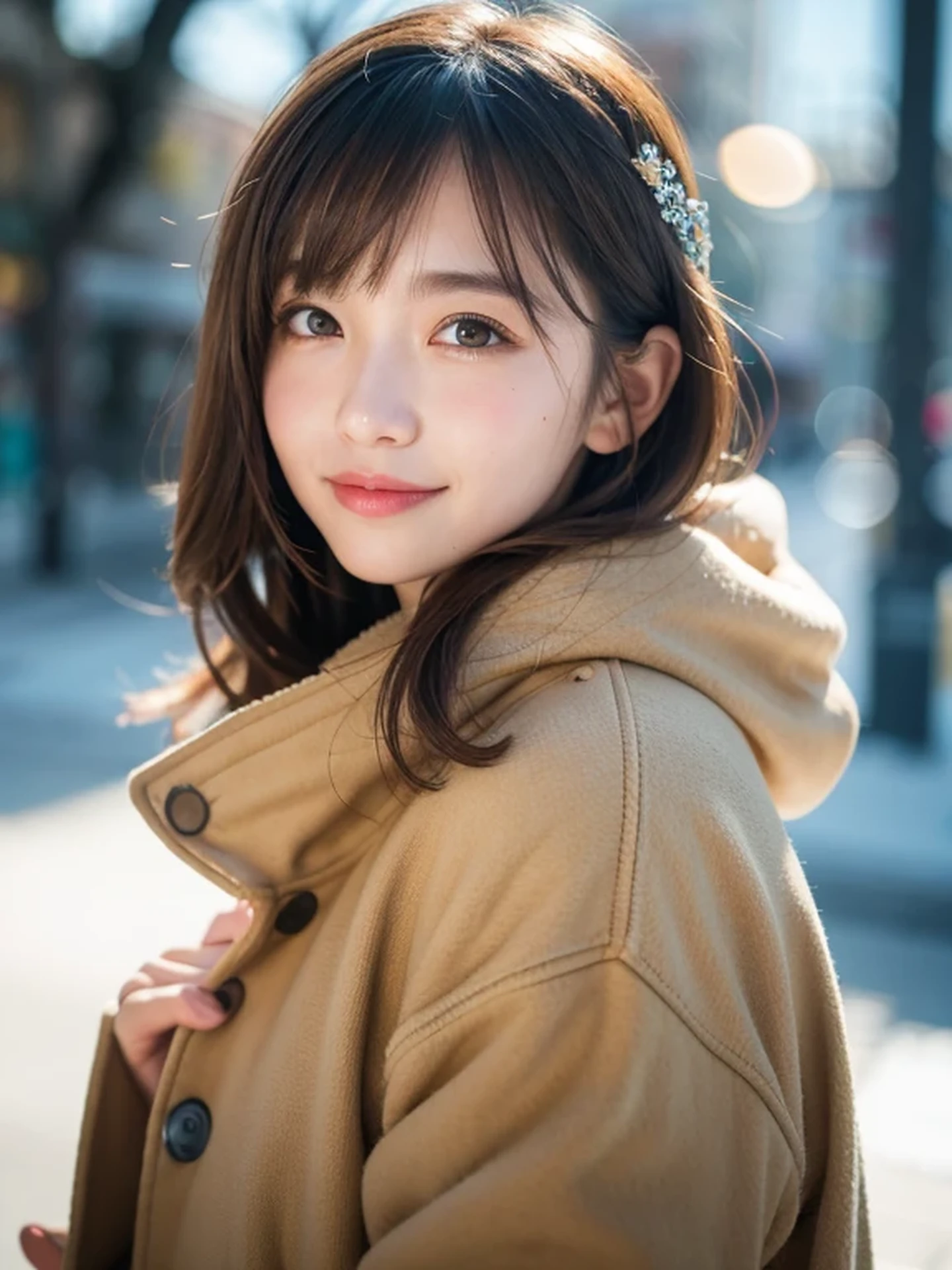 masterpiece, Best Quality, Raw photo, 8K, ultra-detailed face, 1girl, Close-up, Beautiful detailed skin, backlight, soft light, bashful, (shoot from front:1.2), happy smile, open your mouth to say something, Luminescent, Anatomically correct, Medium hair, bangs, hair blown by the wind, Eyes and faces with detailed, Textured skin, Professional Photography, Bokeh, Portrait, Professional Lighting, Solo, Cute, Girly, Film grain, A world of ice, warm clothes to survive the cold winter,