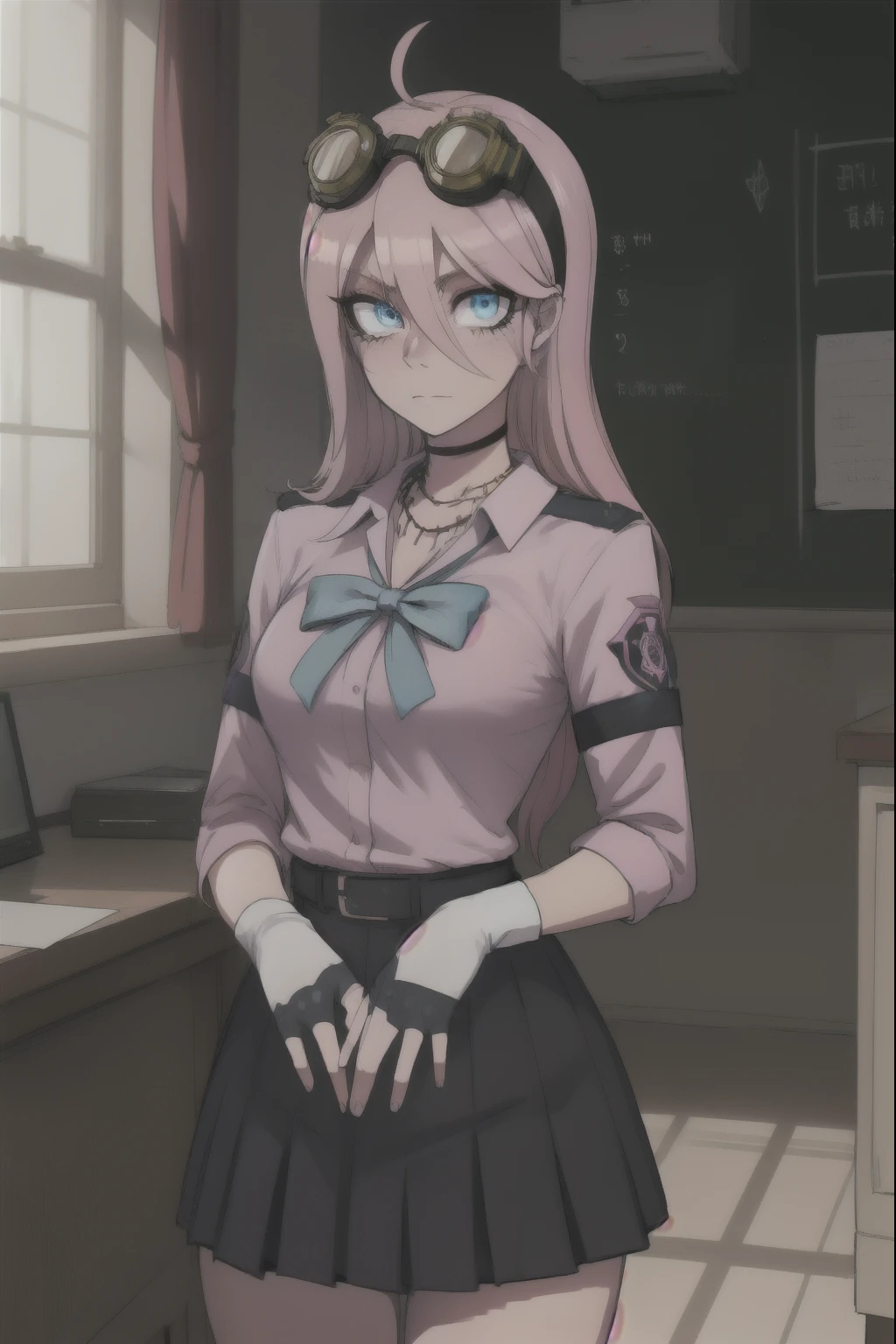 Miuiruma, Miu Iruma, ahoge, Pink hair, Blue eyes, Goggles, Goggles on head, long hair, 
BREAK the bow, necklace, fingerless gloves, gloves, pink shirt, , Seraphuku, shirt, skirt, uniform,
BREAK I look at the viewer,
INDOOR BREAK, in class BREAK (masterpiece:1.2), Best quality, a high resolution, unity 8k wallpaper, (illustration:0.8), (Beautiful detailed eyes:1.6), very detailed face, Ideal lighting, extremely detailed computer graphics, (Perfect hands, Ideal Anatomy), ass