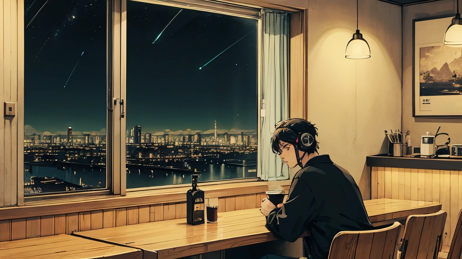 301 man in his 20s, 90s anime style, night, coffee shop, moon, Man with headphones, late night カフェのカウンター席, listen to music alone, City Pop, low quality, Lo-Fi, Chill, late night, Stylish cafe counter seats, Dark Room, futuristic night view outside the window, Dark Room