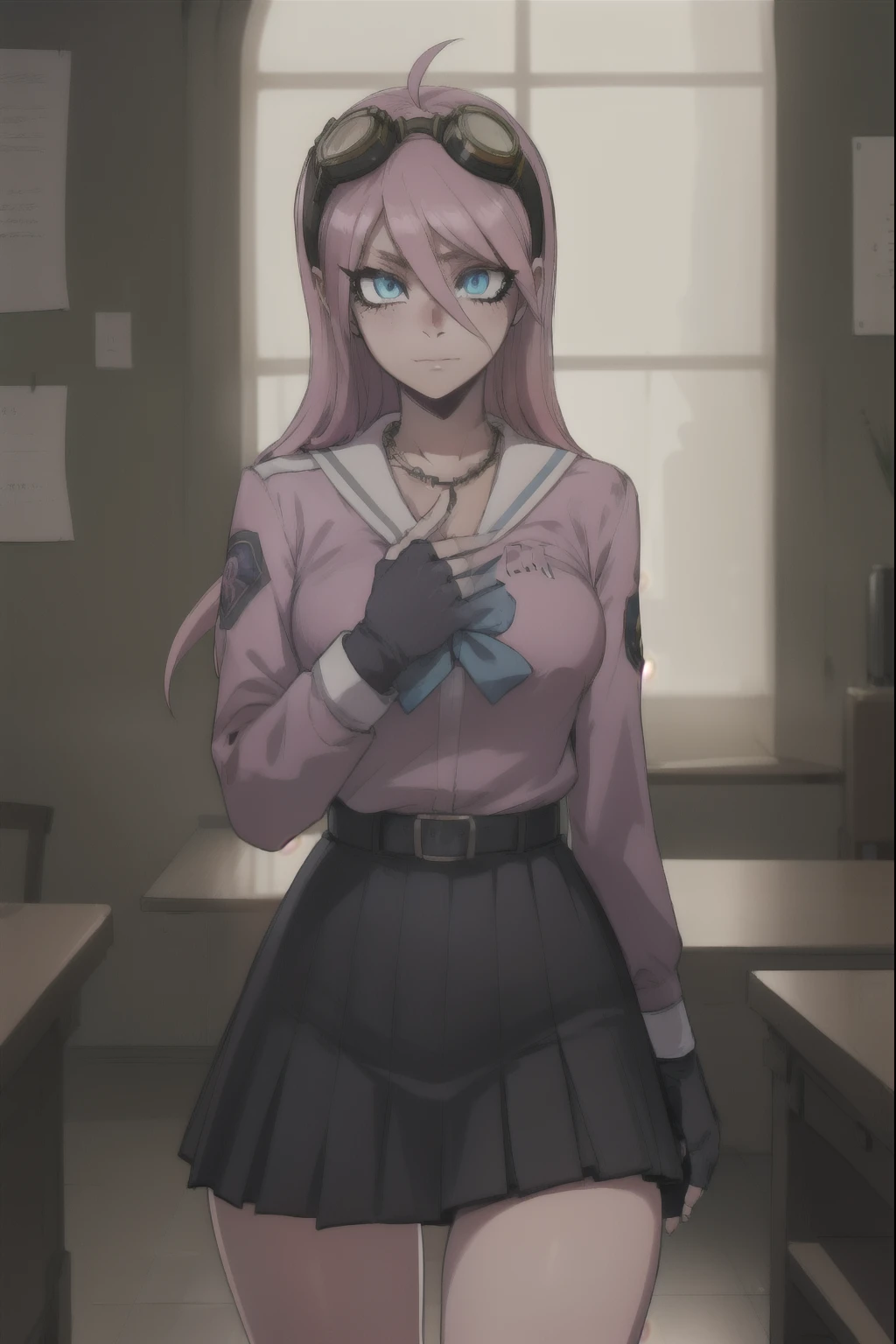 Miuiruma, Miu Iruma, ahoge, Pink hair, Blue eyes, Goggles, Goggles on head, long hair, 
BREAK the bow, necklace, fingerless gloves, gloves, pink shirt, , Seraphuku, shirt, skirt, uniform,
BREAK I look at the viewer,
INDOOR BREAK, in class BREAK (masterpiece:1.2), Best quality, a high resolution, unity 8k wallpaper, (illustration:0.8), (Beautiful detailed eyes:1.6), very detailed face, Ideal lighting, extremely detailed computer graphics, (Perfect hands, Ideal Anatomy), ass