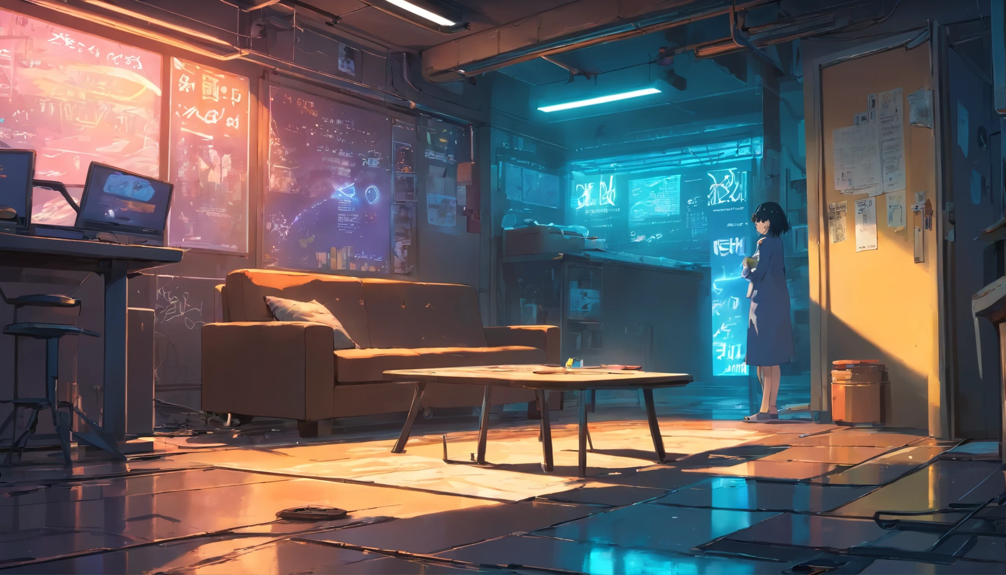 Graphic novel illustrations, in the cyberpunk basement, Cyberpunk era, dark and underground, Poor neon lighting. There is a worn-out leather sofa and table., Girl using a laptop on the floor. graffiti writing "Alfavela" And a Beatles poster on the wall, Dystopian, illumination, In 5.2, Style reputation, Broken glass effect, Unprecedented, amazing, Something that doesn't even exist, Great presence, energy, Molecular, Texturing, Iridescent colors and bright scales, Breathtaking beauty, pure perfection, existence of god, Unforgettable, impressive, Breathtaking beauty, Light Volumetric, With cleavage, light, bright color reflections