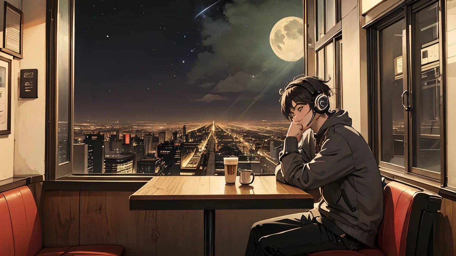 301 man in his 20s, 90s anime style, night, coffee shop, moon, Man with headphones, late night カフェのカウンター席, listen to music alone, City Pop, low quality, Lo-Fi, Chill, late night, Stylish cafe counter seats, Dark Room, futuristic night view outside the window, Dark Room
