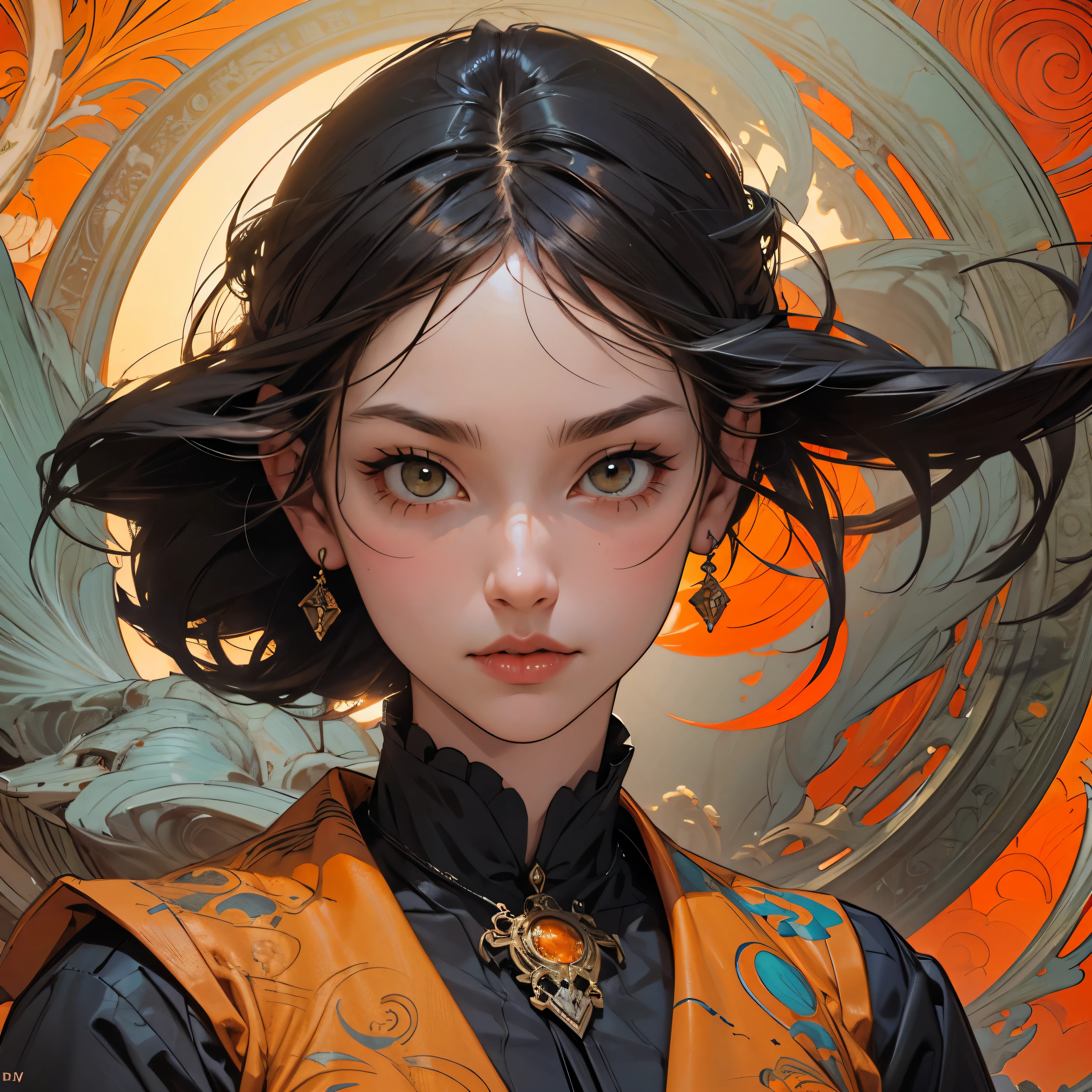 portrait, close up,my life in the moonlight by alice novotny, in the style of artgerm, orange and gold, art nouveau decorative style, detailed character design, pierre jean van der ouderaa, grandiose color schemes, david welker