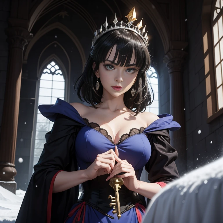 anime artwork of sharp detailed cinematic film look of Fubuki as an Evil Queen, Fubuki dressed as evil queen staring at camera in a dark room in a castle 1500s 15th century, anime style, key visual, vibrant, studio anime, highly detailed, Disney's Wicked Queen from Snow White. 