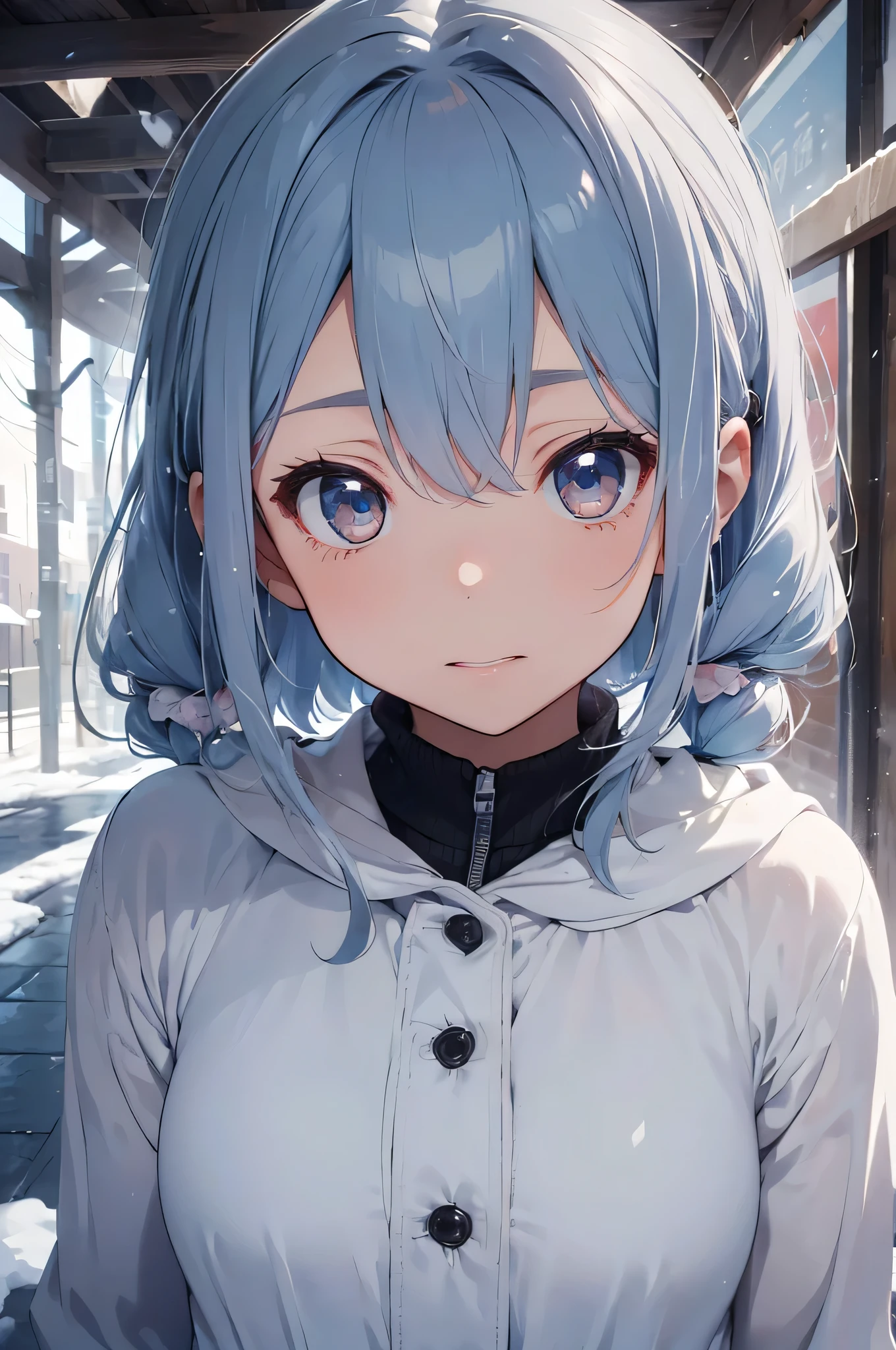 Beautiful fece, ​masterpiece, top-quality, hiqcgbody, animesque, 1boy in, Facing the front、portrait shot, Look at viewers、I have a runny nose、sneezing、tome&#39;It&#39;s cold and freezing、lightblue hair、Wearing a coat、Cold winter days、intricate detailes,>,((coverd)a closeup, straight-on,  lady,Very long hair swaying in the wind、 Light brown eyes、radiant eyes(radiant eyes:1.25)、(beautifully detailed eyes:1.1)、The background  fixed on a group of modern buildings with snow falling、[[Delicate fingers and hands:0.55]::0.85]、(detail finger)、Light blue hair、Eyelift