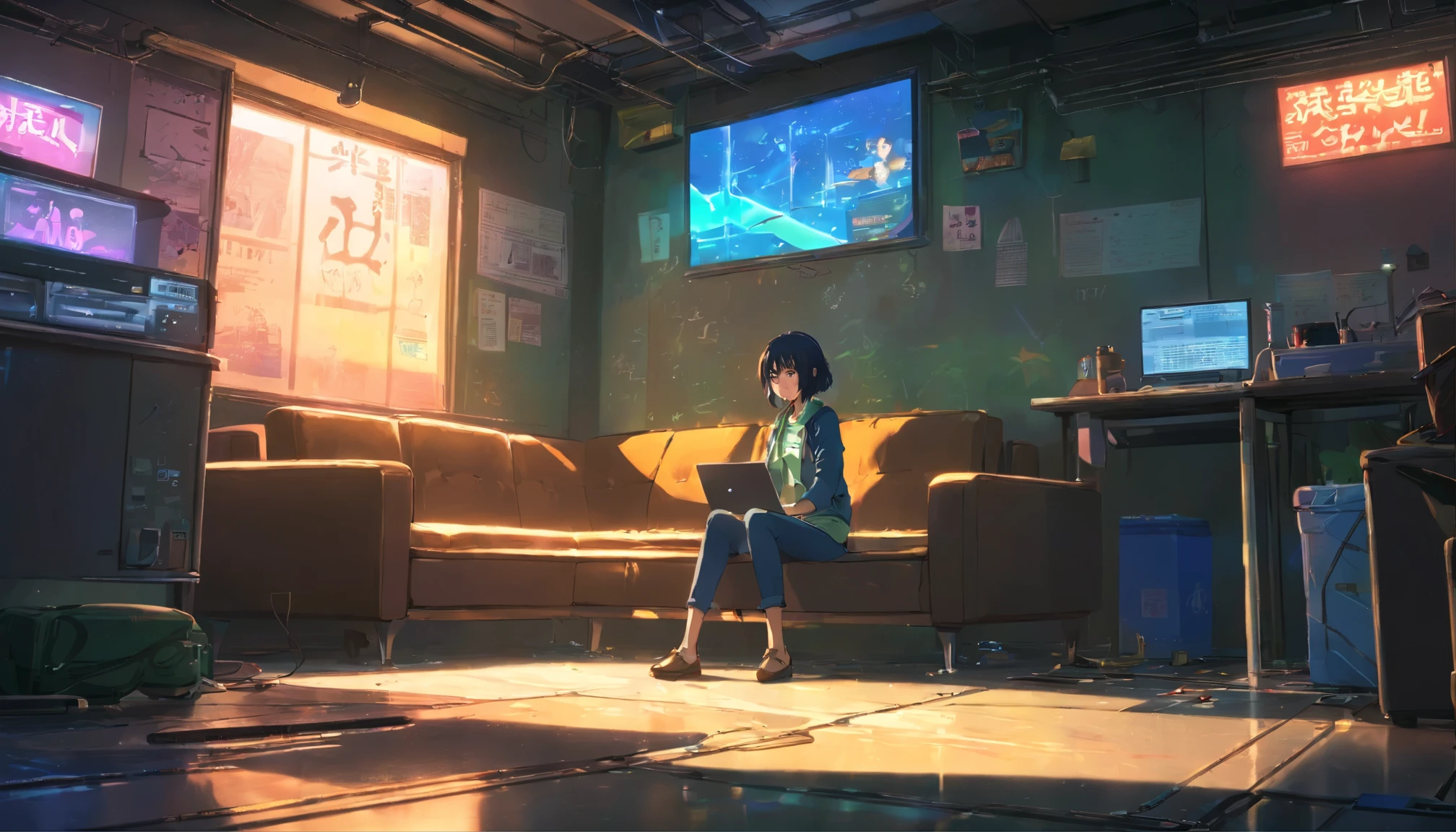 Graphic novel illustrations, in the cyberpunk basement, Cyberpunk era, dark and underground, Poor neon lighting. There is a worn-out leather sofa and table., Girl using a laptop on the floor. graffiti writing "Alfavela" And a Beatles poster on the wall, Dystopian, illumination, In 5.2, Style reputation, Broken glass effect, Unprecedented, amazing, Something that doesn't even exist, Great presence, energy, Molecular, Texturing, Iridescent colors and bright scales, Breathtaking beauty, pure perfection, existence of god, Unforgettable, impressive, Breathtaking beauty, Light Volumetric, With cleavage, light, bright color reflections