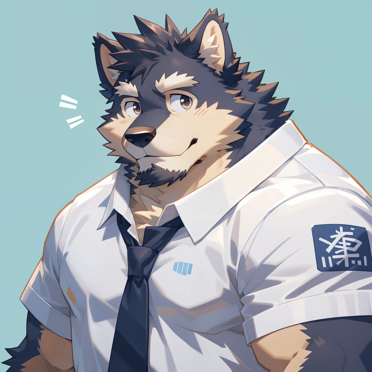 Scribble 德国牧羊dog face,Cute face,Humanity(dog),(White short sleeve:1.3),Chubby,(white eyebrows:1.1),（Upper body naked:1.2）,(perfect black eyes),Simple background, Blue Background,print style。（Artist:Takemoto Arashi）