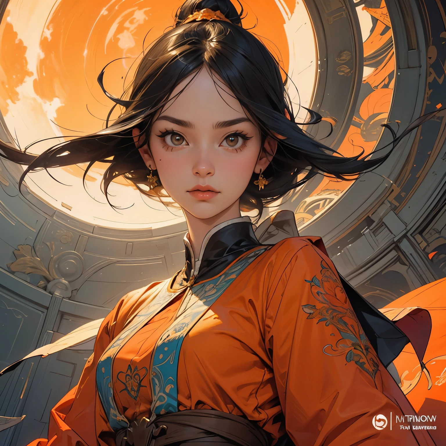 portrait, close up,my life in the moonlight by alice novotny, in the style of artgerm, orange and gold, art nouveau decorative style, detailed character design, pierre jean van der ouderaa, grandiose color schemes, david welker