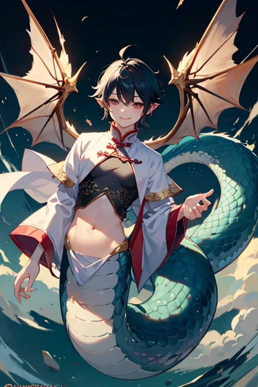 8 year old male lamia、Dragon、chinese clothes、Belly button、Long nails、big wings、over the sky、Floating、Large depiction of the upper body、smile、Delicate face