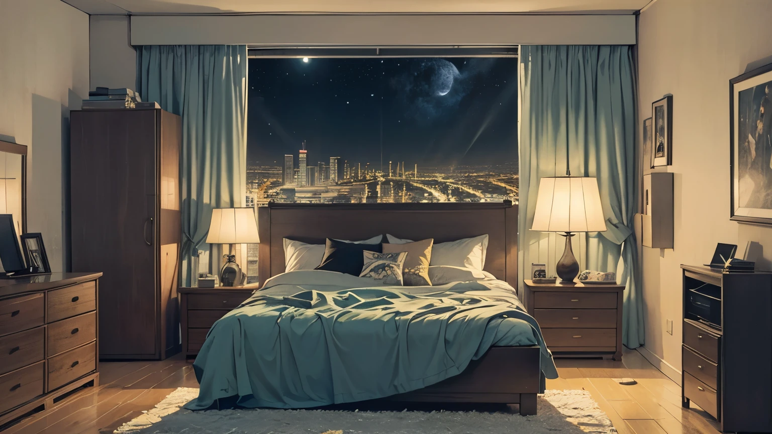 (best quality,4k,8k,highres,masterpiece:1.2),ultra-detailed,(realistic,photorealistic,photo-realistic:1.37),90s anime style,night,studio room,moon,man with headphones,late night room,listening to music alone,city pop,low quality,lo-fi,chill,late night,living alone room,dark room,futuristic night view outside the window,dark room