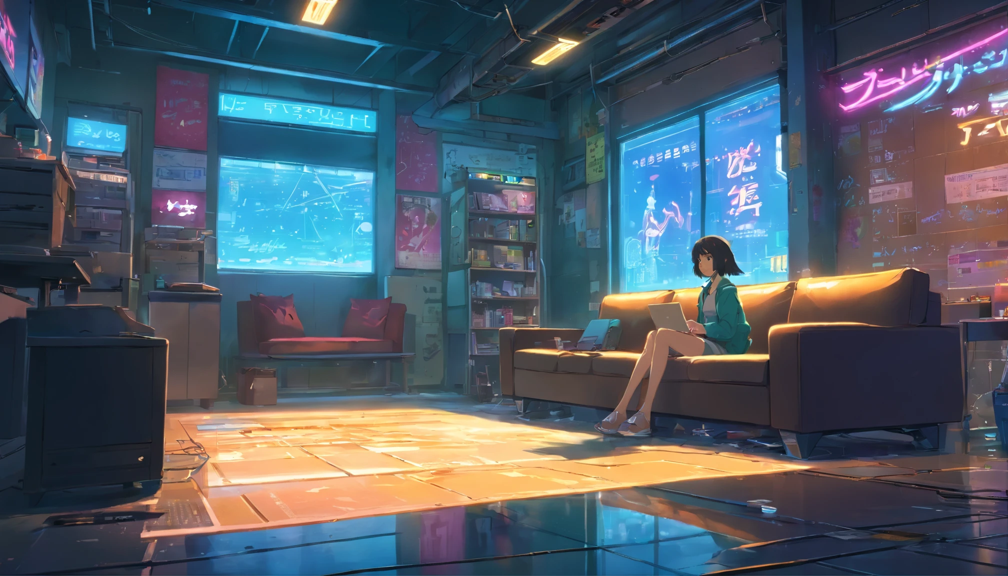 Graphic novel illustrations, in the cyberpunk basement, Cyberpunk era, dark and underground, Poor neon lighting. There is a worn-out leather sofa and table., Girl using a laptop on the floor. graffiti writing "Alfavela" And a Beatles poster on the wall, Dystopian, illumination, In 5.2, Style reputation, Broken glass effect, Unprecedented, amazing, Something that doesn&#39;t even exist, Great presence, energy, Molecular, Texturing, Iridescent colors and bright scales, Breathtaking beauty, pure perfection, existence of god, Unforgettable, impressive, Breathtaking beauty, Light Volumetric, With cleavage, light, bright color reflections
